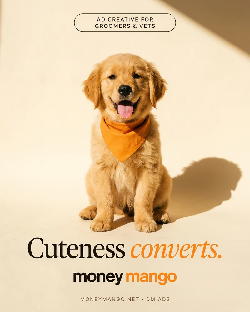 Pet groomer and vet ad creative concept - Cuteness converts - golden retriever puppy