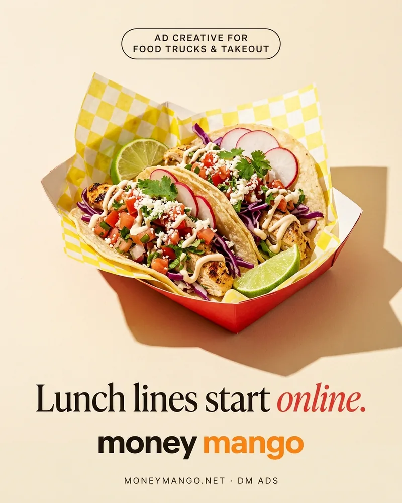 Food truck and takeout ad creative concept - Lunch lines start online - street tacos