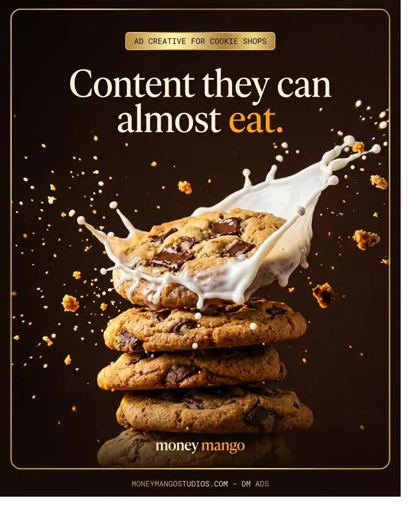 Cookie shop ad creative - Content they can almost eat - cookie stack with milk