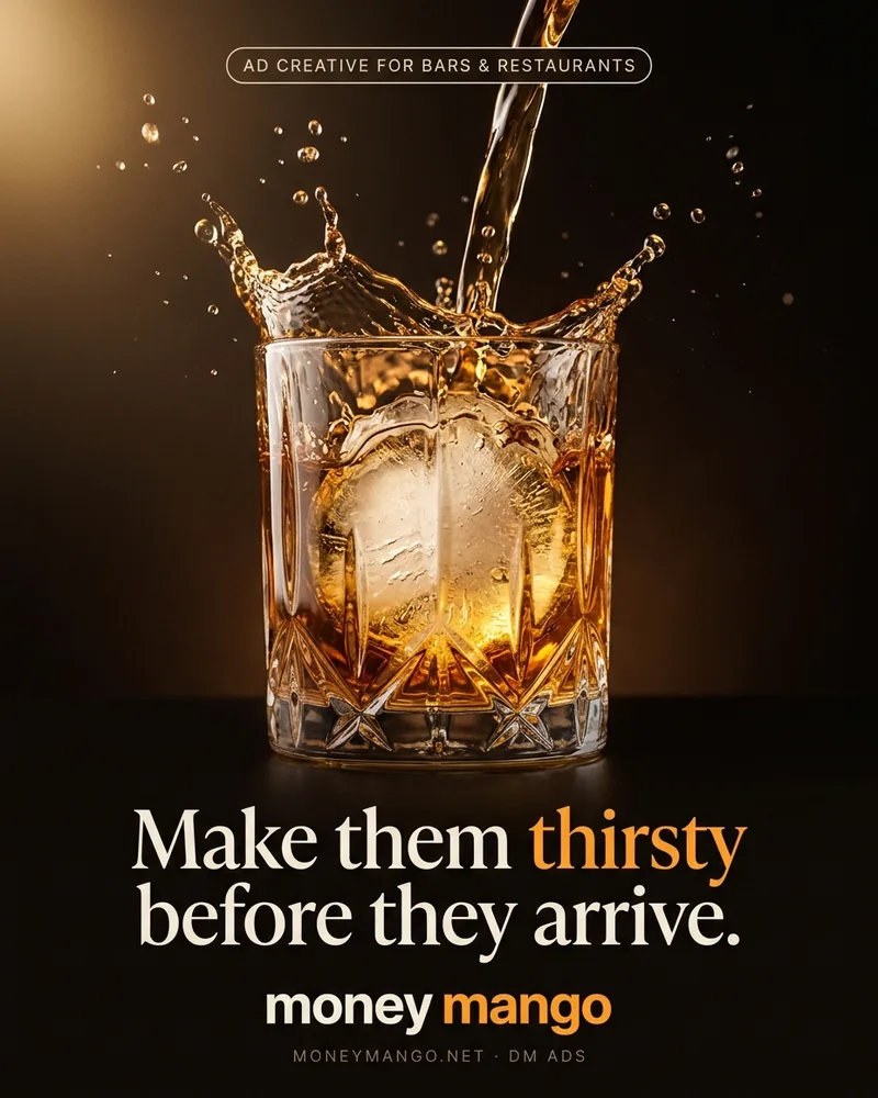 Bar and restaurant ad creative concept - Make them thirsty before they arrive - whiskey pour