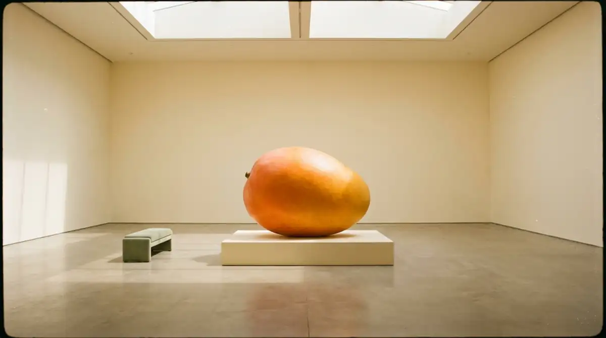 A giant ripe mango displayed on a cream plinth in a vast warm gallery
