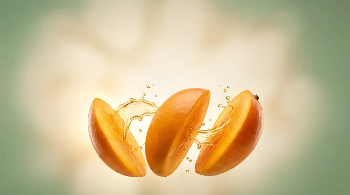 A mango split into three floating segments with golden juice arcs